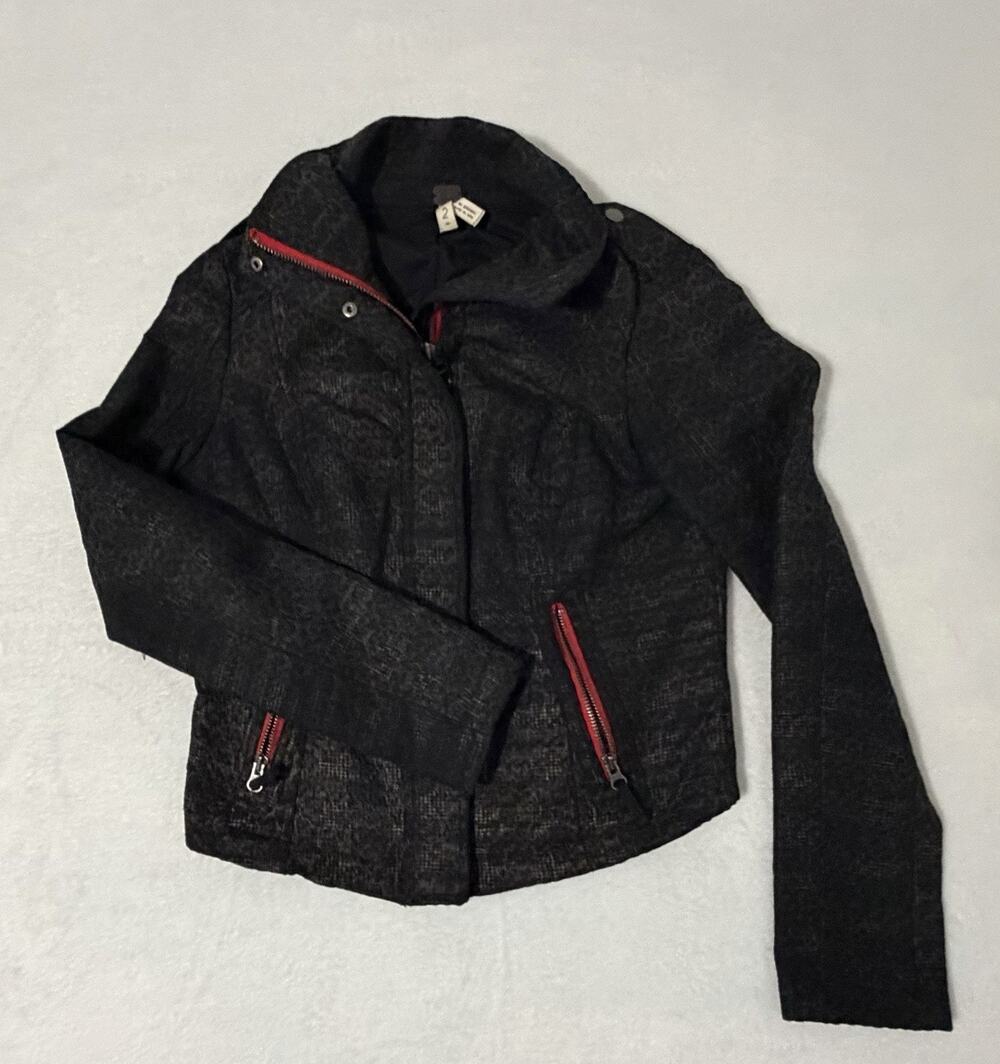 We The Free / Free People Black Brown Animal Print Moto Red Zip Jacket Coat Sz 2